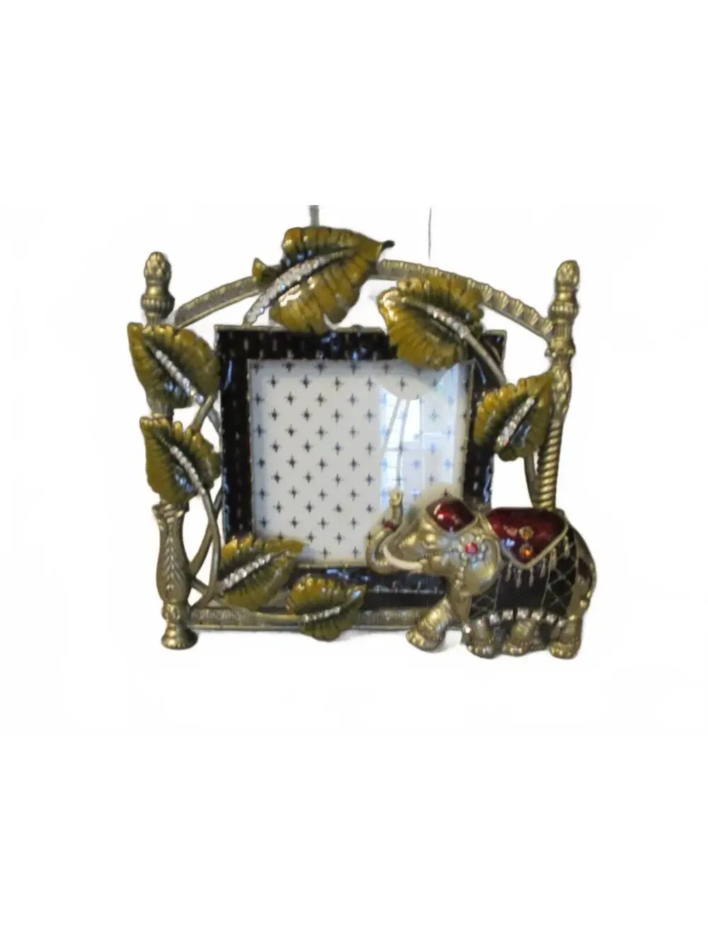 Ornate Jeweled Elephant Enamel Picture Frame - Vintage Style Boho Pewter As Is